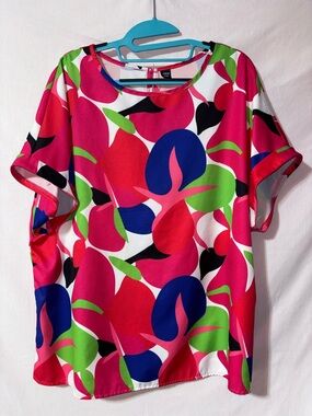 SHEIN Hot Pink Multicolor Abstract Floral Short Sleeve Blouse